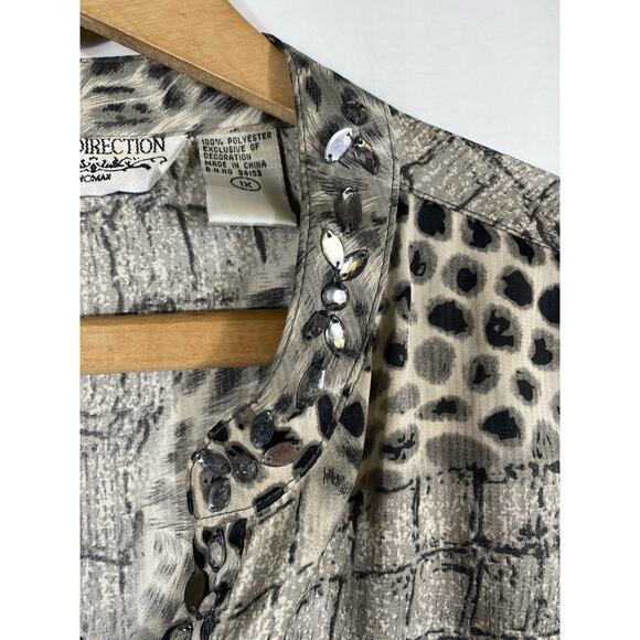New Direction Tunic 1X Flowy Black Silver Gray Mixed Animal Print Boho Vintage - Picture 13 of 15